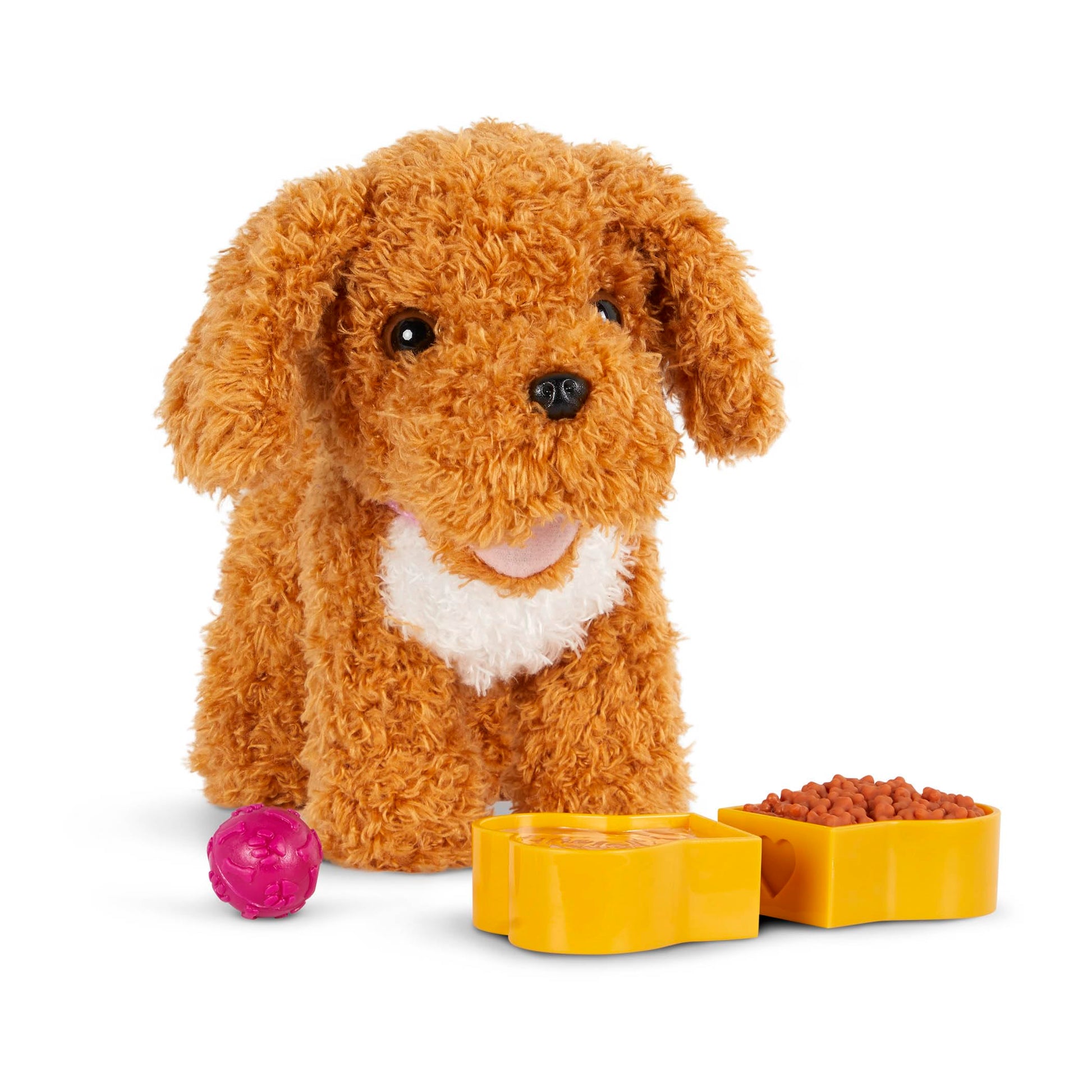 Our Generation Poodle Dog Plush in a pet carrier bag, designed for 18-inch dolls, perfect for kids 3+ years.