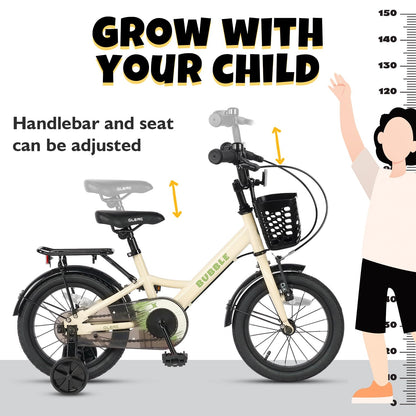 Beige Glerc Bubble 14-inch kids bike with basket, stabilisers, and rear rack for boys and girls ages 3 to 6.