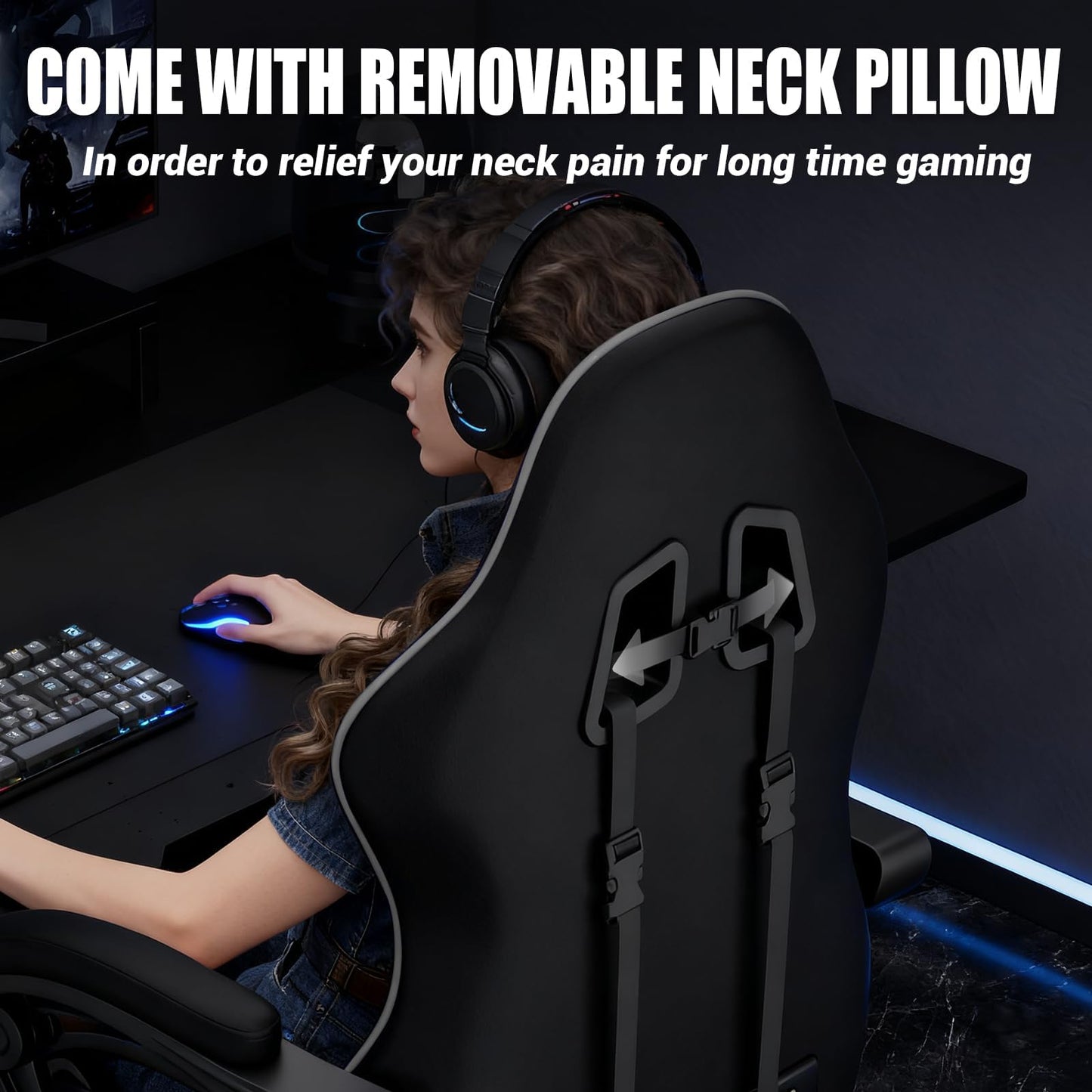 Czlolo grey gaming chair with massage feature, adjustable recline, lumbar support, headrest, footrest, linkage armrests, ideal for gamers