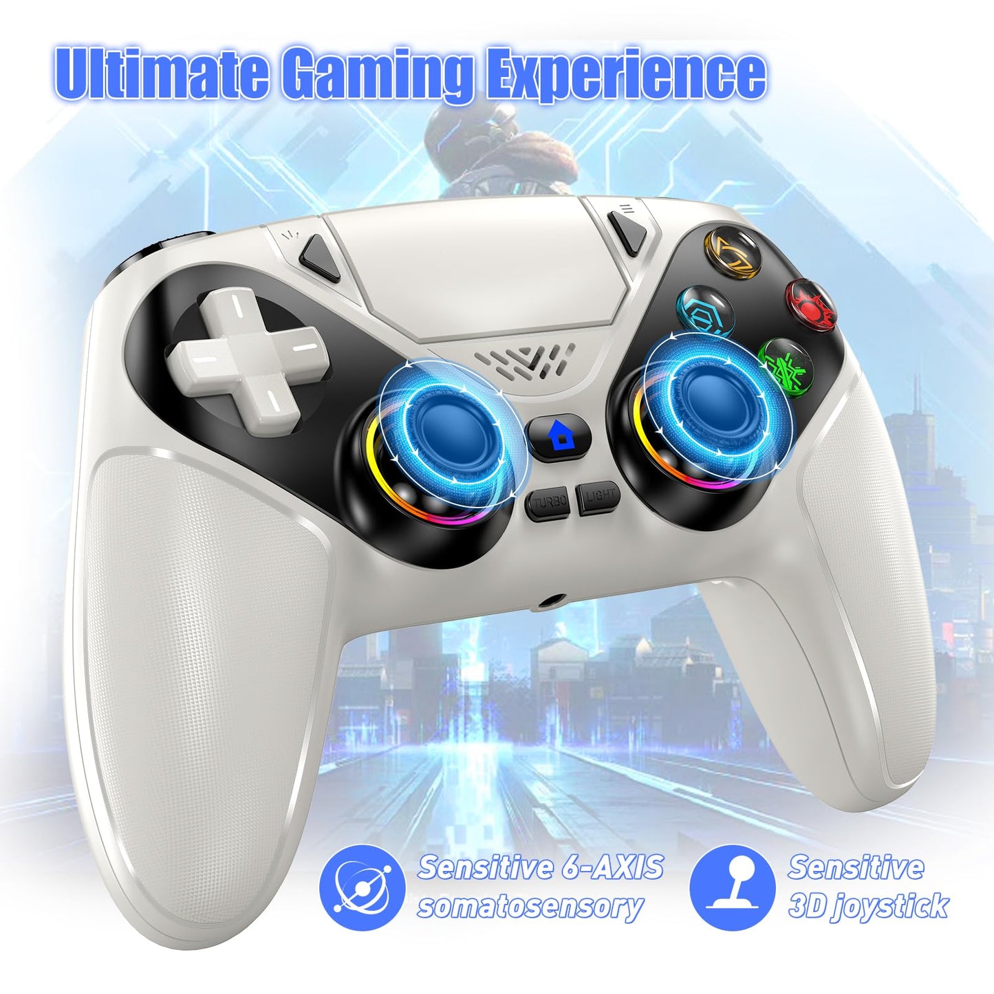 Gamrombo RGB Wireless Controller for PS5/Pro/Slim & PCs, Bluetooth Gamepad with Back Buttons, Touchpad, Macro, Turbo, Dual Vibration, 6-Axis Sensor, Speaker, 3.5mm Audio Jack, White