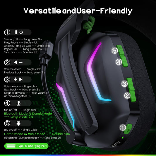 WESEARY wireless gaming headset with LED lights, 50mm drivers, microphone, for PS5, PC, PS4, Switch, Mac, dual-mode Bluetooth.