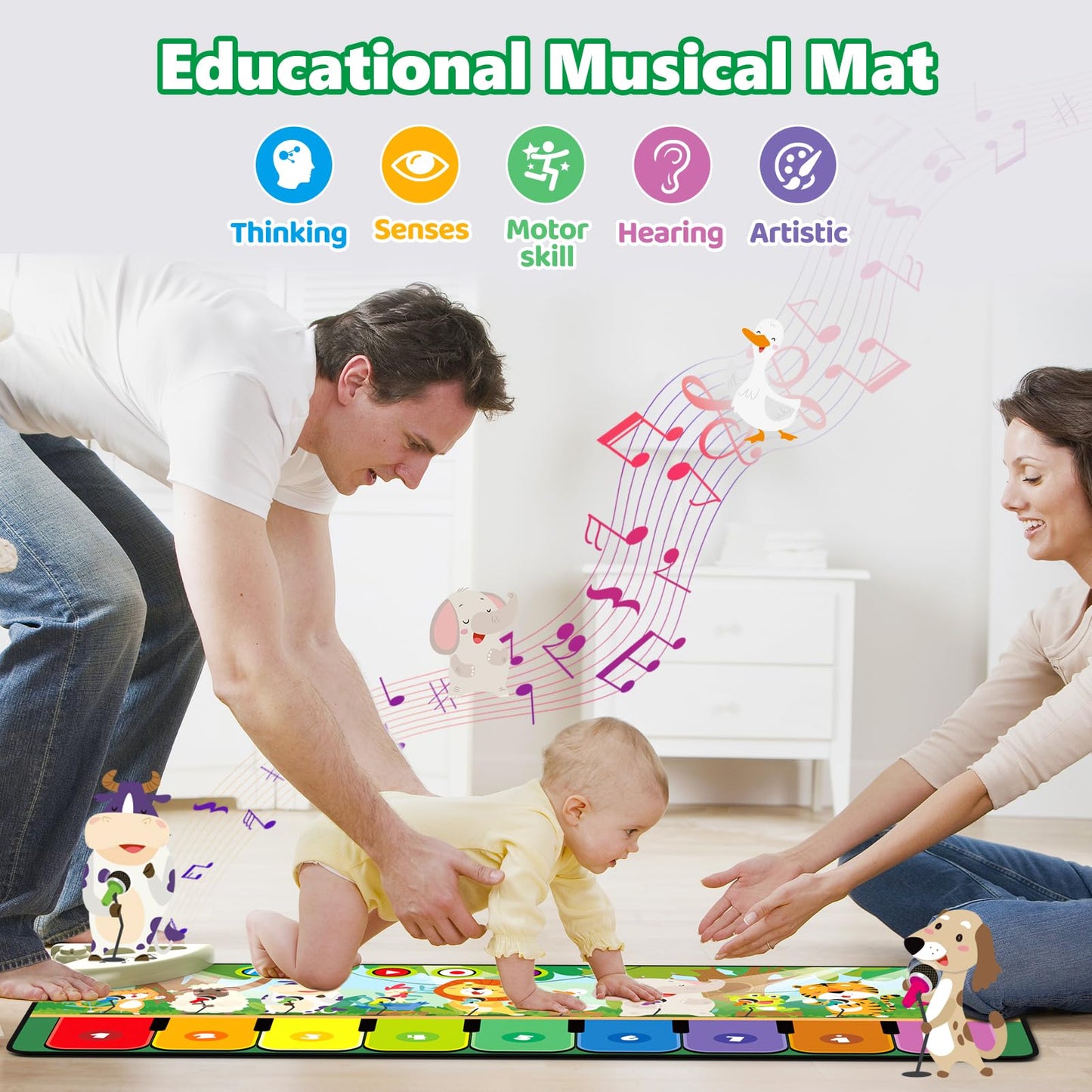 Rodzon Toys for 1-4 Year Old Boys Girls, Musical Play Mat with 9 Piano Keyboard, Piano Dance Mat Built in 19 Sounds & Recording Function for Toddlers Infant Kids Birthday Gifts Present Early Education