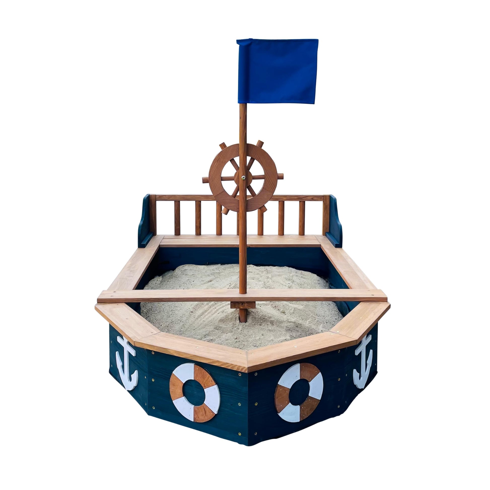 AXI Doris wooden boat-shaped sandbox with bench, storage, rotating rudder, cover, and ground cloth, size 153x90x100 cm.