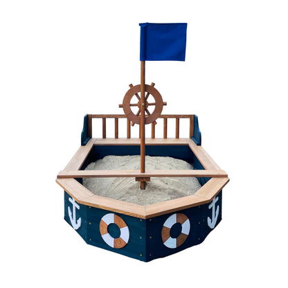AXI Doris wooden boat-shaped sandbox with bench, storage, rotating rudder, cover, and ground cloth, size 153x90x100 cm.