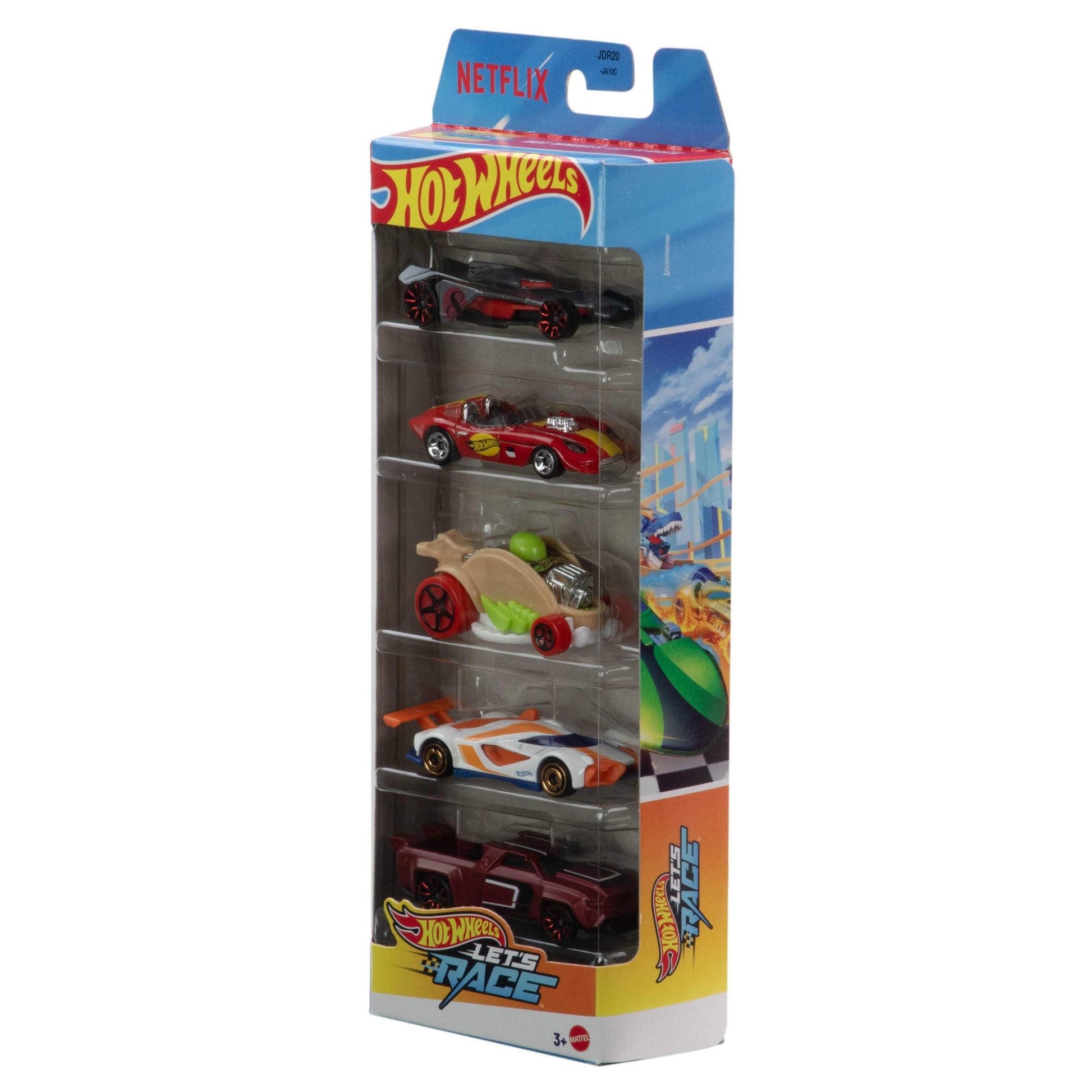 Set of 5 Hot Wheels die-cast toy cars in 1:64 scale, featuring designs from the animated series Let's Race.