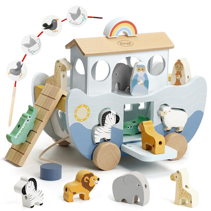 Joyreal wooden Noah's Ark toy with farm animal shapes, suitable for toddlers, Montessori-style stacking and sorting toy for baptism gifts