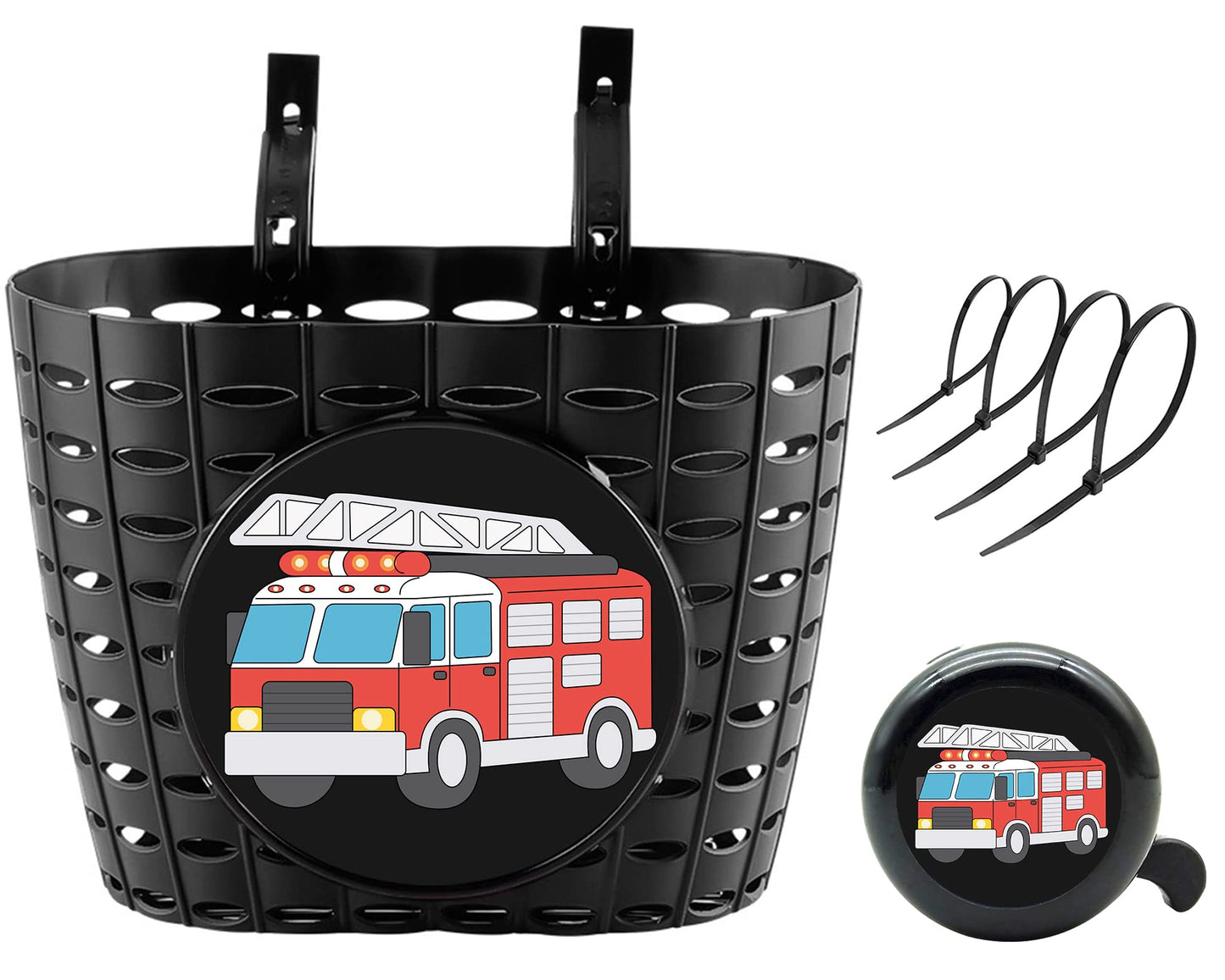 YeloYolker Boys Bike Basket with Bell, Cute Bicycle Front Handlebar Basket for kids, Toddlers, Plastic Scooter Basket(Fire Truck)