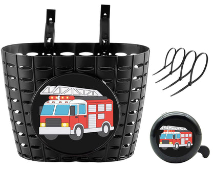 YeloYolker Boys Bike Basket with Bell, Cute Bicycle Front Handlebar Basket for kids, Toddlers, Plastic Scooter Basket(Fire Truck)