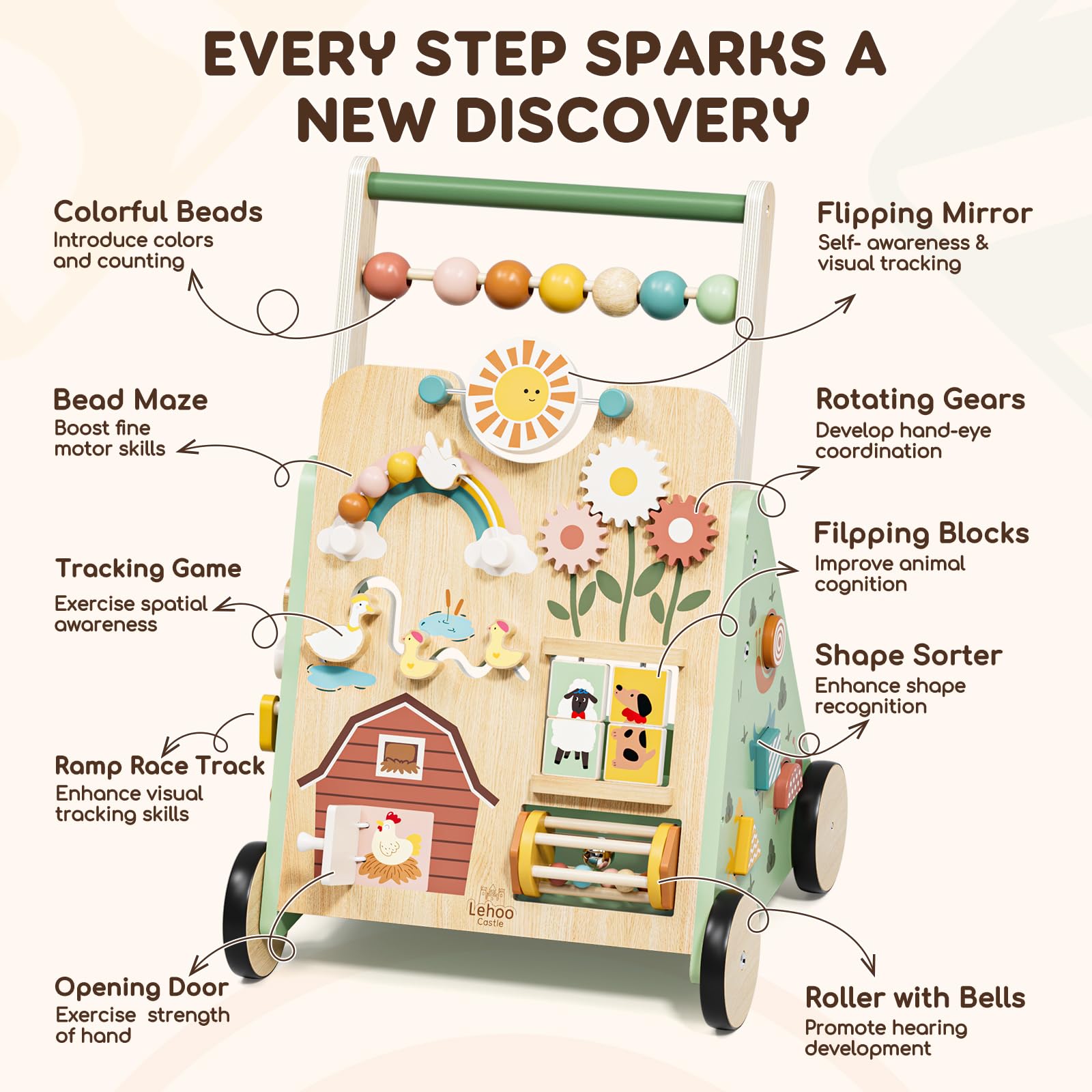 Lehoo Castle wooden baby walker with colorful activity buttons and wheels, designed for toddlers aged 12 months and up.