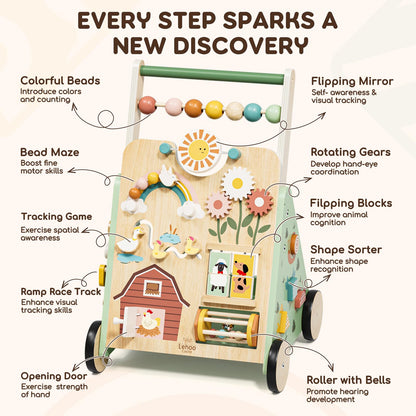 Lehoo Castle wooden baby walker with colorful activity buttons and wheels, designed for toddlers aged 12 months and up.