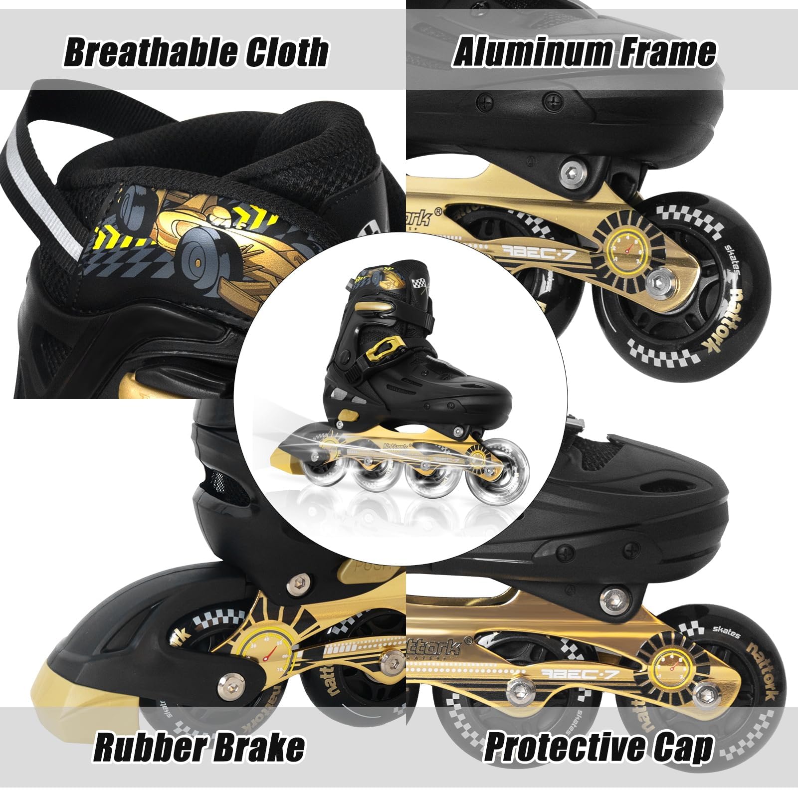 Kids adjustable black inline skates with light-up wheels from Nattork, featuring large size and sporty design for boys and girls.