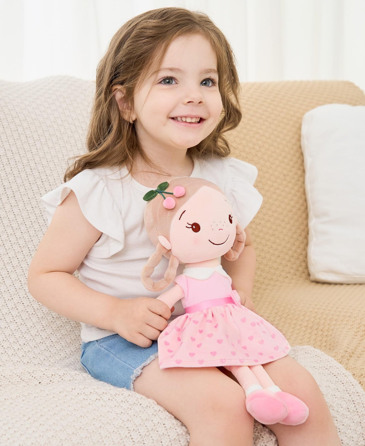 GAGAKU Soft Baby Doll Toys (16'') for Girls, My First Baby Rag Dolls for +3 Year Old Girl Birthday Gift Plush Doll Toys Machine Washable Baby Doll for Toddler Kids Infants (16-inch Cherry Girl)