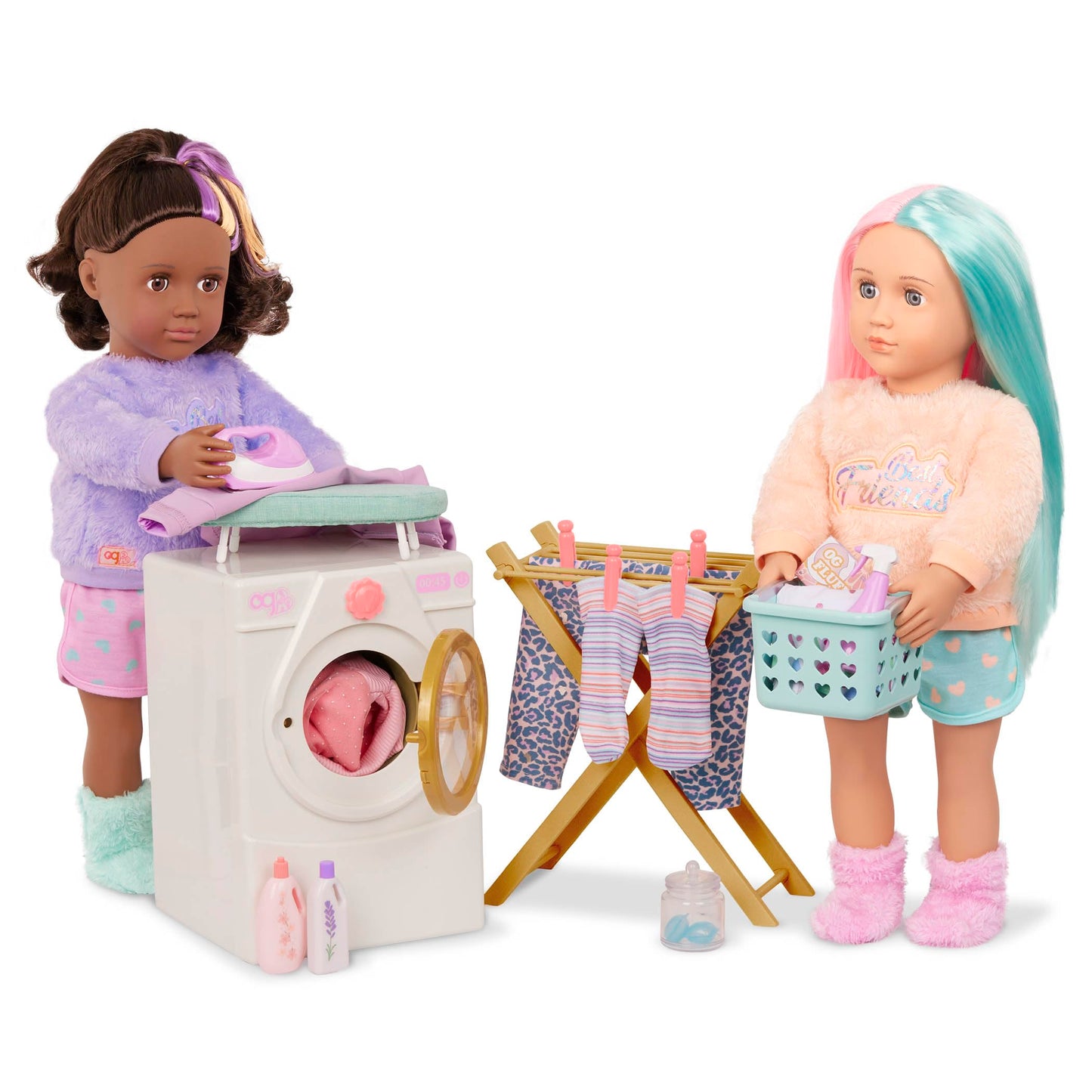 Our Generation doll washing machine with drying rack, iron, and cleaning set for 18-inch doll house pretend play.