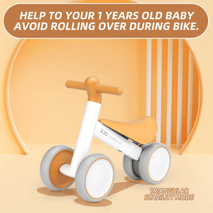 Brown XJD baby balance bike for toddlers, designed for 10-24 months, featuring no pedals and sturdy construction.