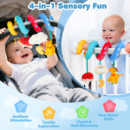 URMYWO spiral pram toy with black and white high contrast giraffe and hedgehog rattles for newborns 0-12 months.