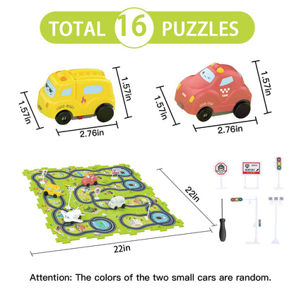 Bearbao Toddler Toys Gifts for 3 4 5 Year Old Boys, Total 16 Pieces Jigsaw Puzzle Racer Track Car Set with 2 Cars for Kids Boys 3-5, Puzzle Tracks Car Toys Gifts for 3 4 5 Years Old Boy Kids