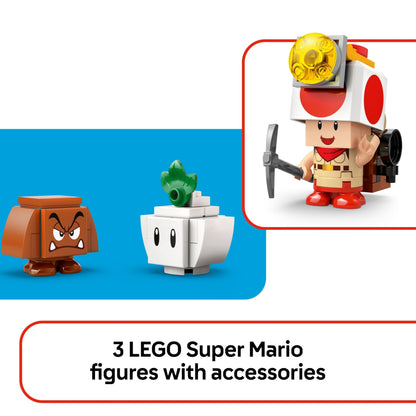 LEGO Super Mario Captain Toad's Camp set with figures, tent, collapsing bridge, and Goomba for kids aged 6+