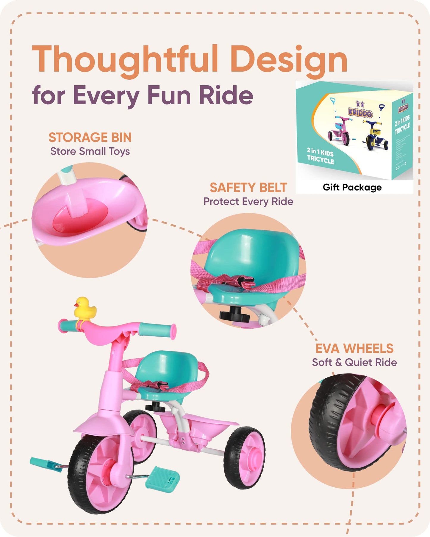 KRIDDO 2 in 1 Kids Tricycles Age 18 Month to 3 Years, EVA Wheels Upgraded, Gift Toddler Tricycle, Trikes for Toddlers 2 to 3 Year Old with Push Handle and Duck Bell, Pink
