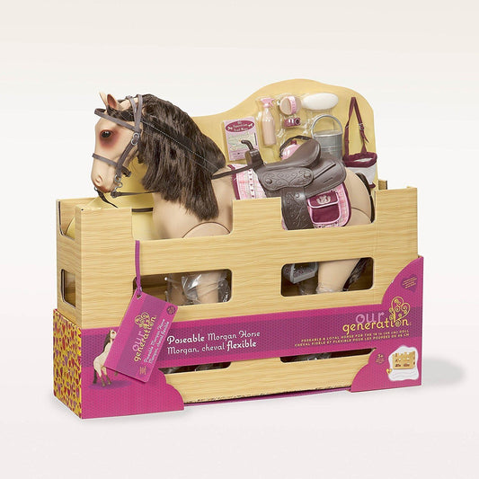 20-inch Our Generation Morgan horse toy with posable legs and 12-piece accessory set in a brown color.