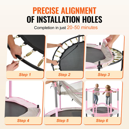 VEVOR 60" Kids Trampoline, 5FT Indoor Outdoor Trampoline, Mini Toddler Recreational Trampolinewith Safety Enclosure Net and Basketball Hoop, Birthday Gifts Christmas Toys for 3+ Years Children, Pink