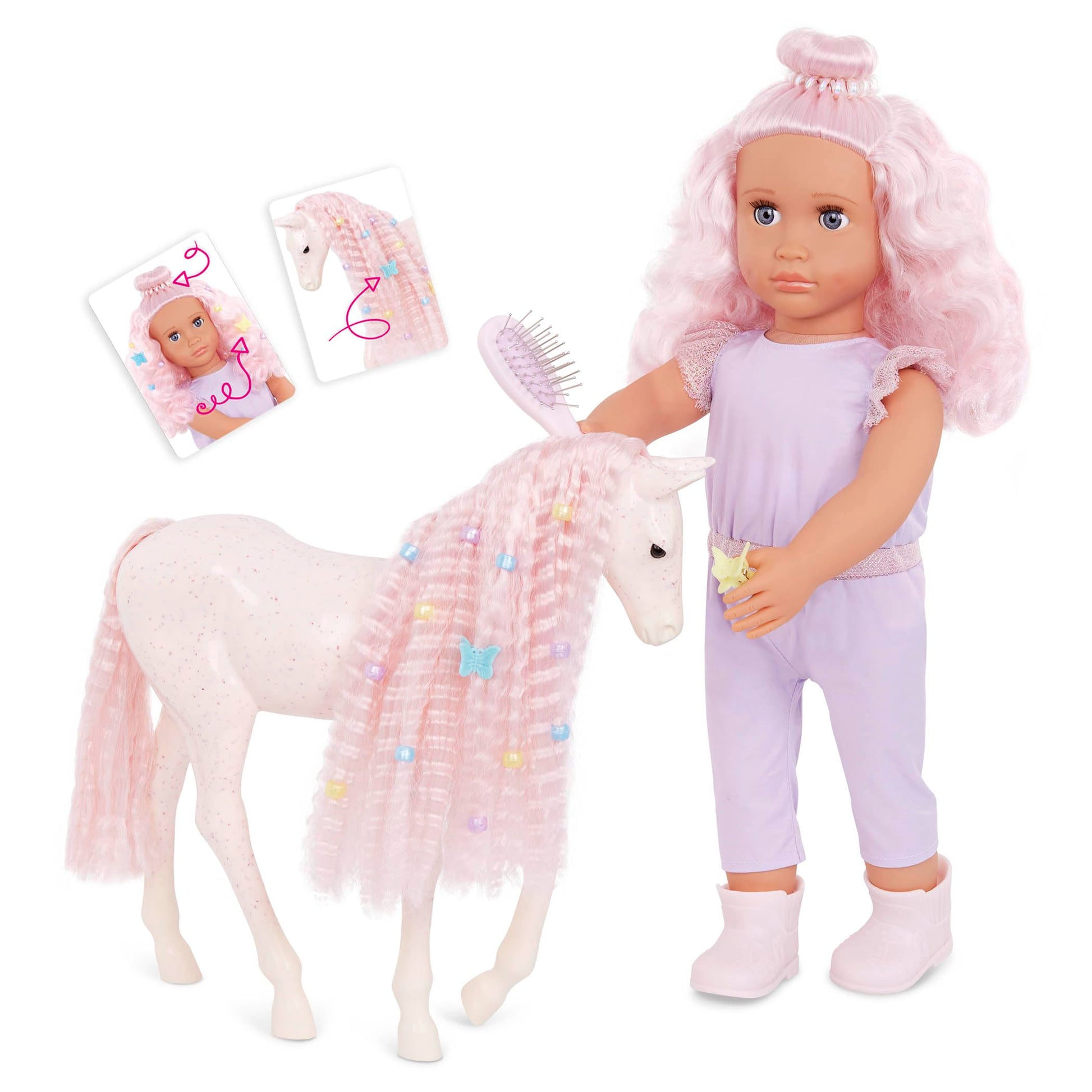 Our Generation Elara doll in lilac jumpsuit with pink hair, alongside a hairstyling toy foal for creative play.