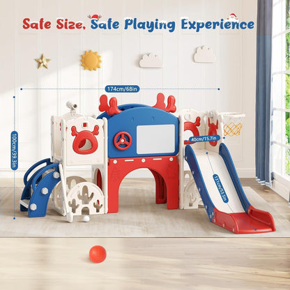 Kids Slide,Indoor Thickened Widened toddler slide with basketball hoop, climbing frame for the garden,storage space slide ((7-in-1 Elk Slide-Blue and Red))