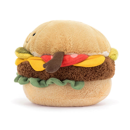 Jellycat Amuseable Burger plush toy, 11 cm, featuring a smiling face and colorful toppings, perfect for cuddles.
