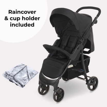 My Babiie MB30 Pushchair – from Birth to 4 Years (22kg), Easy Compact Fold, Large Shopping Basket, Adjustable Handle, Stroller Includes Cup Holder, Rain Cover – Black