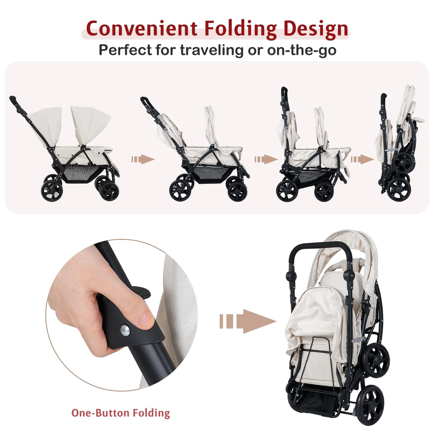 GYMAX Double Seat Stroller with Adjustable Push Handle, Detachable Canopy and Foot Rest, Foldable Baby Pushchair Buggy for Traveling, Going Shopping & Hanging Out (Beige)