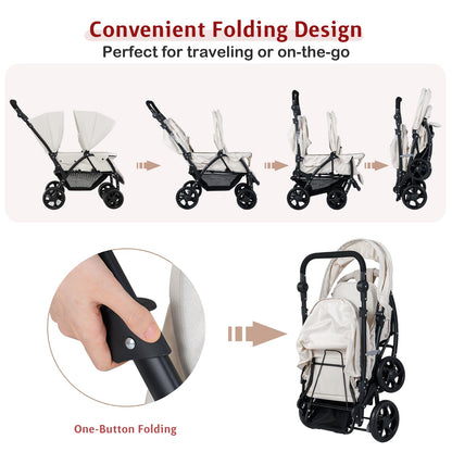 GYMAX Double Seat Stroller with Adjustable Push Handle, Detachable Canopy and Foot Rest, Foldable Baby Pushchair Buggy for Traveling, Going Shopping & Hanging Out (Beige)