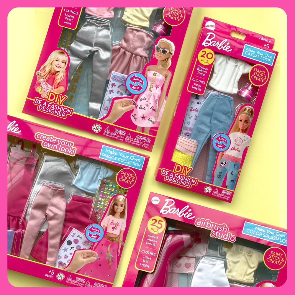 Barbie DIY Sparkle Fashion Designer Set with 130 pieces, including rhinestones, ribbons, and a mannequin for dress-up fun.