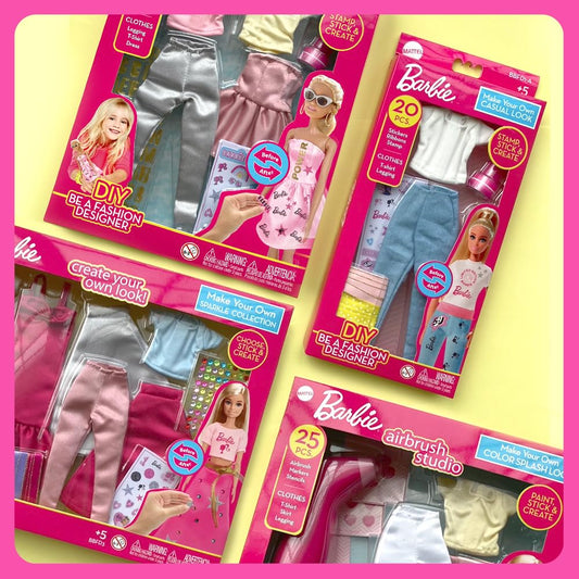 Barbie DIY Sparkle Fashion Designer Set with 130 pieces, including rhinestones, ribbons, and a mannequin for dress-up fun.
