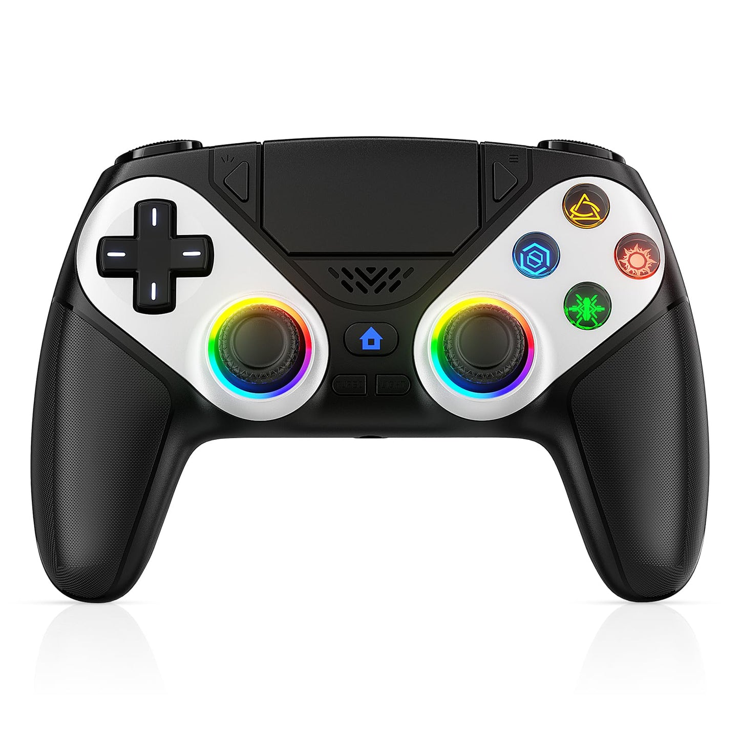 Dinosoo RGB wireless PS5 controller with back paddles, 6-axis motion, turbo, dual vibration, and 3.5mm audio jack for slim console or PC