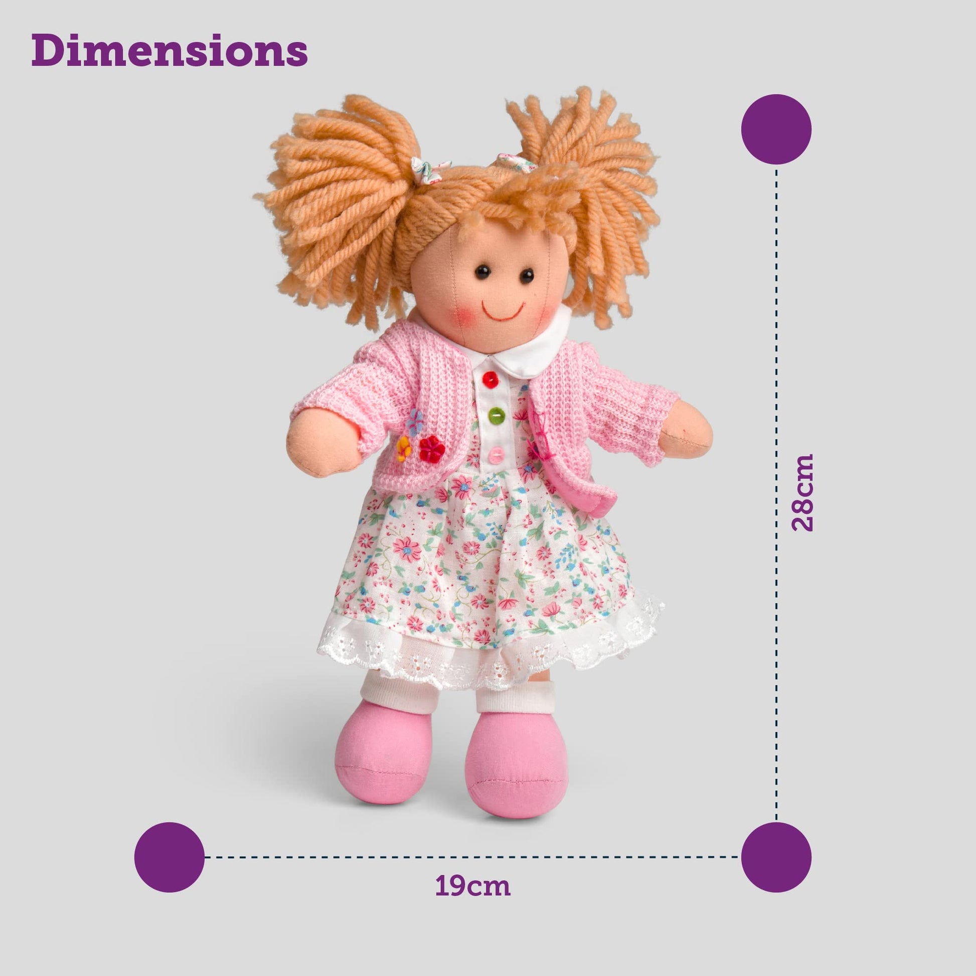 Bigjigs Toys Poppy doll, 28cm plush ragdoll with strawberry blonde pigtails and floral white dress, soft and cuddly baby toy