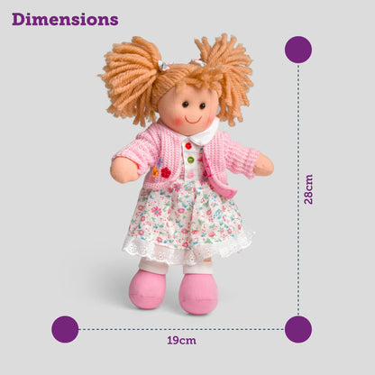 Bigjigs Toys Poppy doll, 28cm plush ragdoll with strawberry blonde pigtails and floral white dress, soft and cuddly baby toy