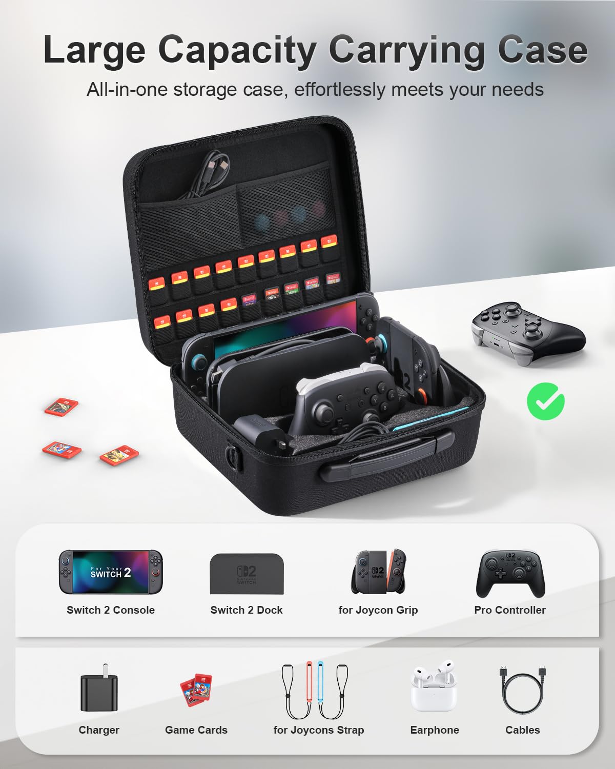 STARTRC GAMES hard carrying case for Nintendo Switch 2 with large capacity, 18 game card slots, black travel storage bag.