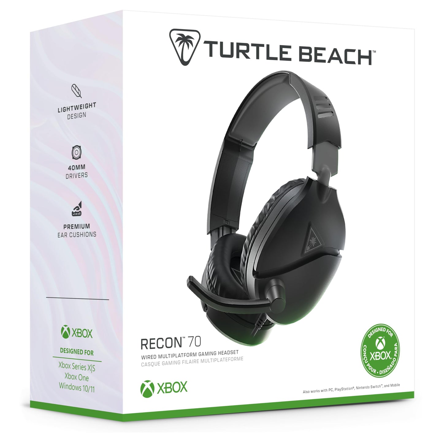 Turtle Beach Recon 70 Black Xbox wired gaming headset with adjustable headband and in-ear controls, compatible with Xbox Series X/S and One