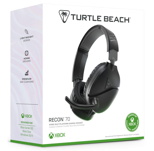 Turtle Beach Recon 70 Black Xbox wired gaming headset with adjustable headband and in-ear controls, compatible with Xbox Series X/S and One