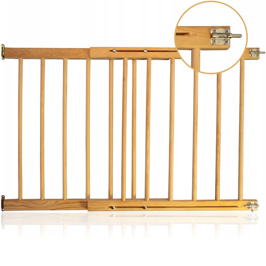 NOVECRAFTO universal wooden baby gate extended to 48 inches, with lock, used as staircase or pet safety gate in doorways and staircases.