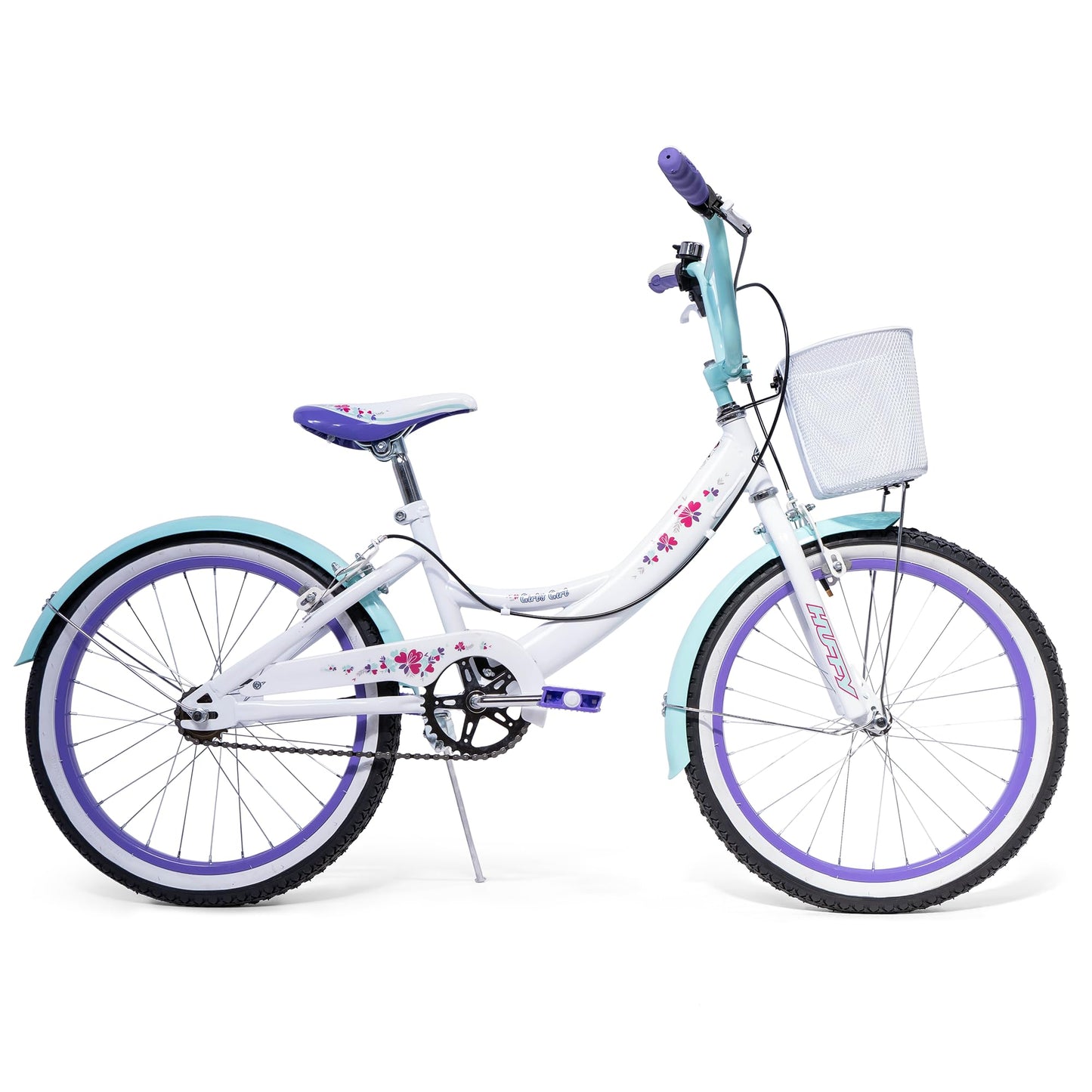 Huffy Girly Girl 20-Inch Cruiser Bike, Basket, Bell, Mudguards, Adjustable Comfort Saddle, Upright Handlebars, Single-Speed, Dual Brakes, Stylish Girls’ Bike for Ages 5-9, White & Sea Crystal