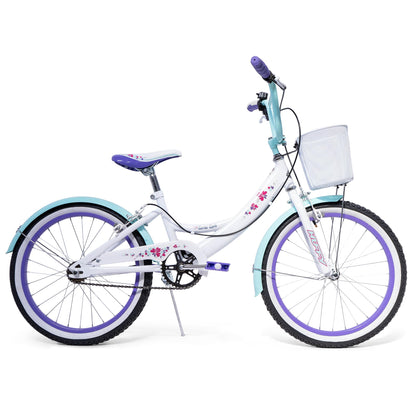 Huffy Girly Girl 20-Inch Cruiser Bike, Basket, Bell, Mudguards, Adjustable Comfort Saddle, Upright Handlebars, Single-Speed, Dual Brakes, Stylish Girls’ Bike for Ages 5-9, White & Sea Crystal