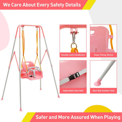 FUNLIO Children's Swing with Folding Metal Stand for Indoor and Outdoor Use, Baby Swing with 4 Sandbags, Easy to Assemble, Pink