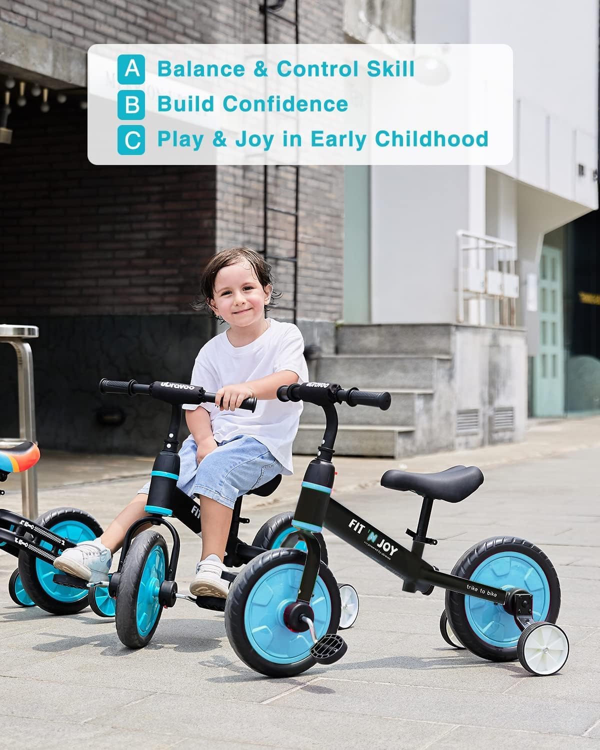 UBRAVOO Fit 'n Joy Beginner Toddler Training Bicycle, 4-in-1 Kids Balance Bike with Pedals & Training Wheels Options, Trike to Bike Riding Toys for Boys Girls 2-5 (Blue)