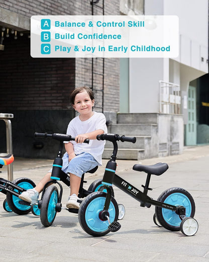 UBRAVOO Fit 'n Joy Beginner Toddler Training Bicycle, 4-in-1 Kids Balance Bike with Pedals & Training Wheels Options, Trike to Bike Riding Toys for Boys Girls 2-5 (Blue)