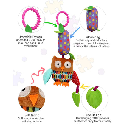 Wohot 4-pack baby pram toys including plush animal rattles and wind chimes with teethers, suitable for newborns and toddlers.