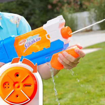 Nerf Super Soaker Flip Fill water blaster in multicolor, 887ml capacity, ideal for garden water play and outdoor water toys.