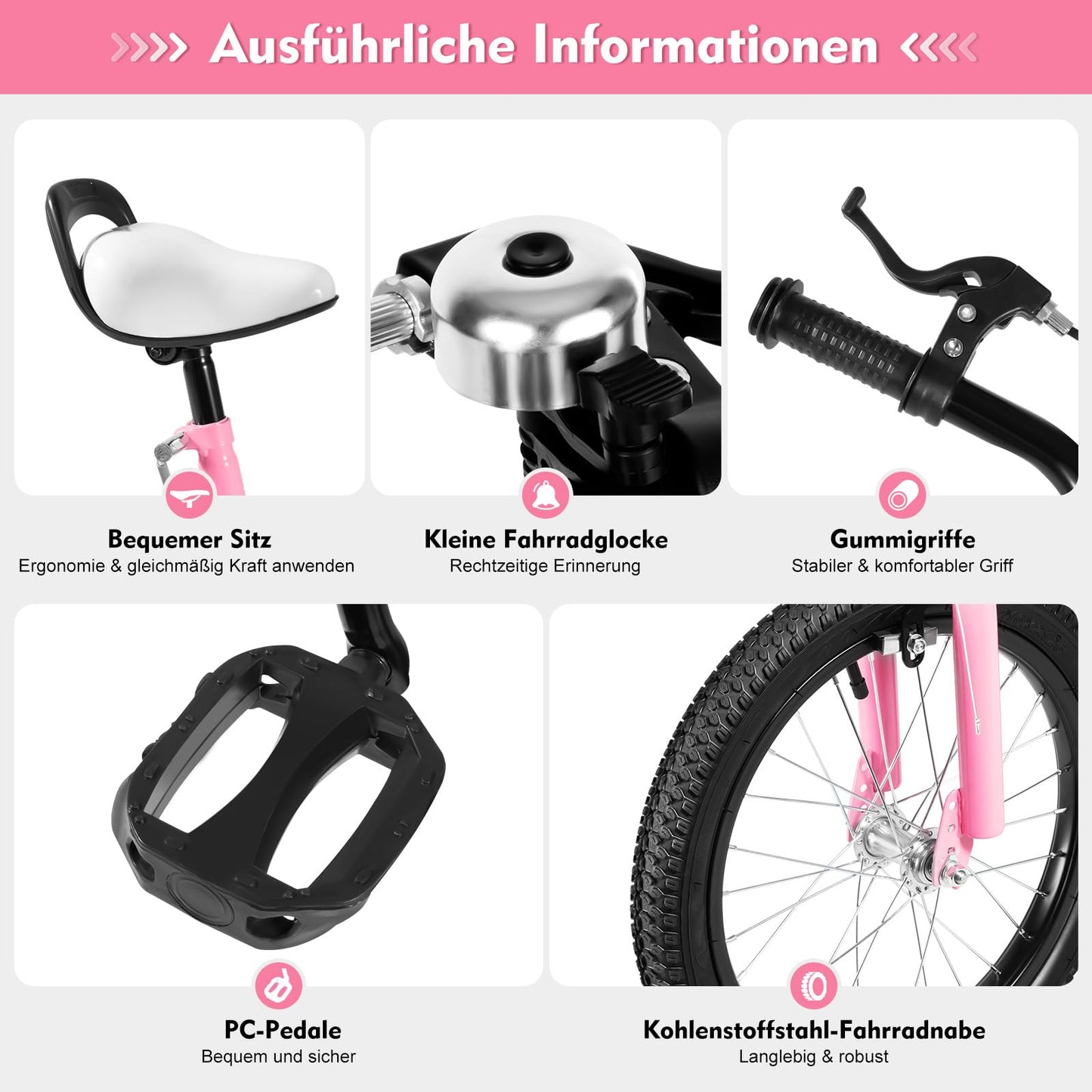 Fetcoi 16 Inch Children's Bicycle with Non-Slip Stabilisers for Boys and Girls from 4-8 Years Removable Stabilisers for Children's Bikes (Pink)