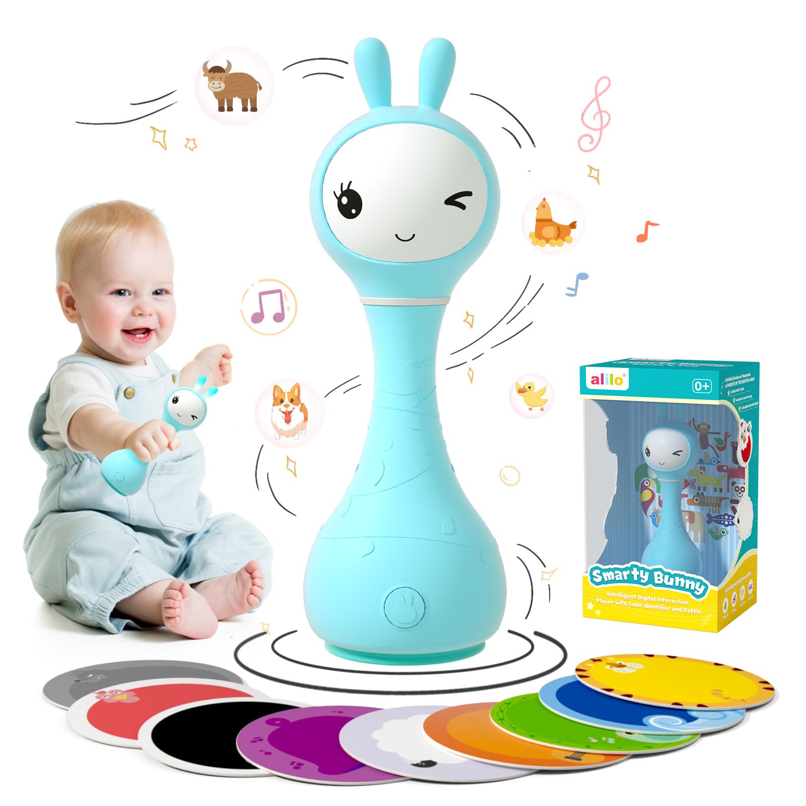 Alilo Smarty Bunny rattle baby toy with colorful design, multi-sensory features, and musical modes for infants aged 0-24 months.