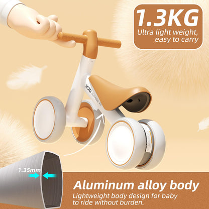 XJD baby balance bike for toddlers, brown, designed for 10-24 months, featuring no pedals and a sturdy frame.