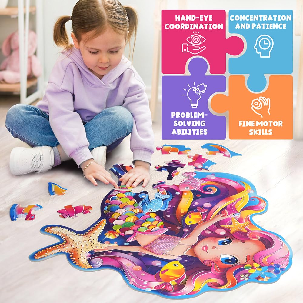 BenBen Large Floor Puzzles for Kids, 52 Pieces, 70 x 66 cm Jigsaw Puzzle for Children Age 3 Years Up, Educational Toys, Gift for Boys and Girls, Mermaid